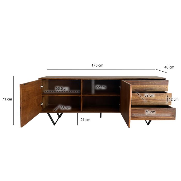 Sideboard FineBuy 175 cm Anrichte Massivholz Steinoptik Kommode Türen Schubladen – Maßzeichnung