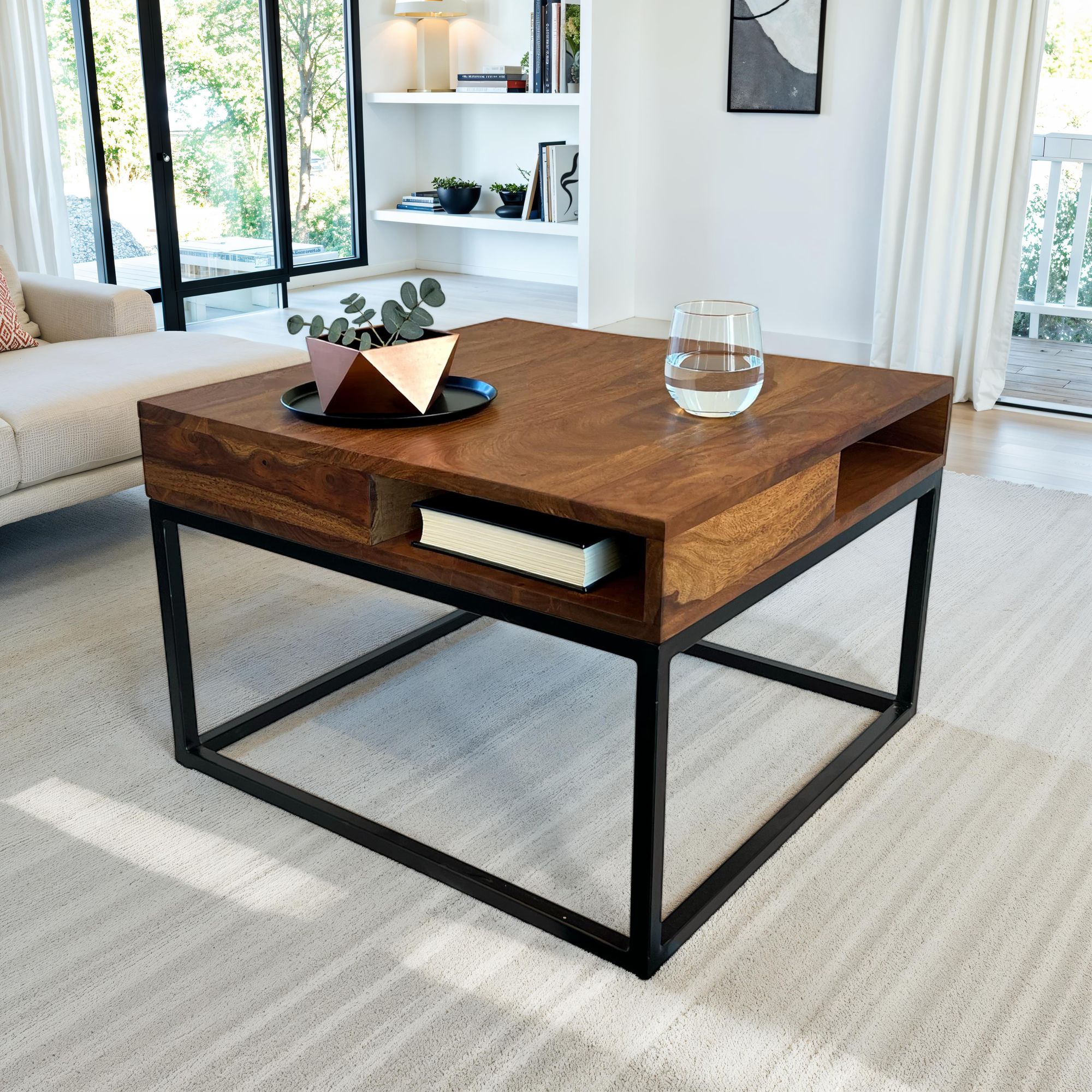 Couchtisch FineBuy Sofatisch Holz Massiv 60 cm Wohnzimmertisch Quadratisch – Ansicht 2