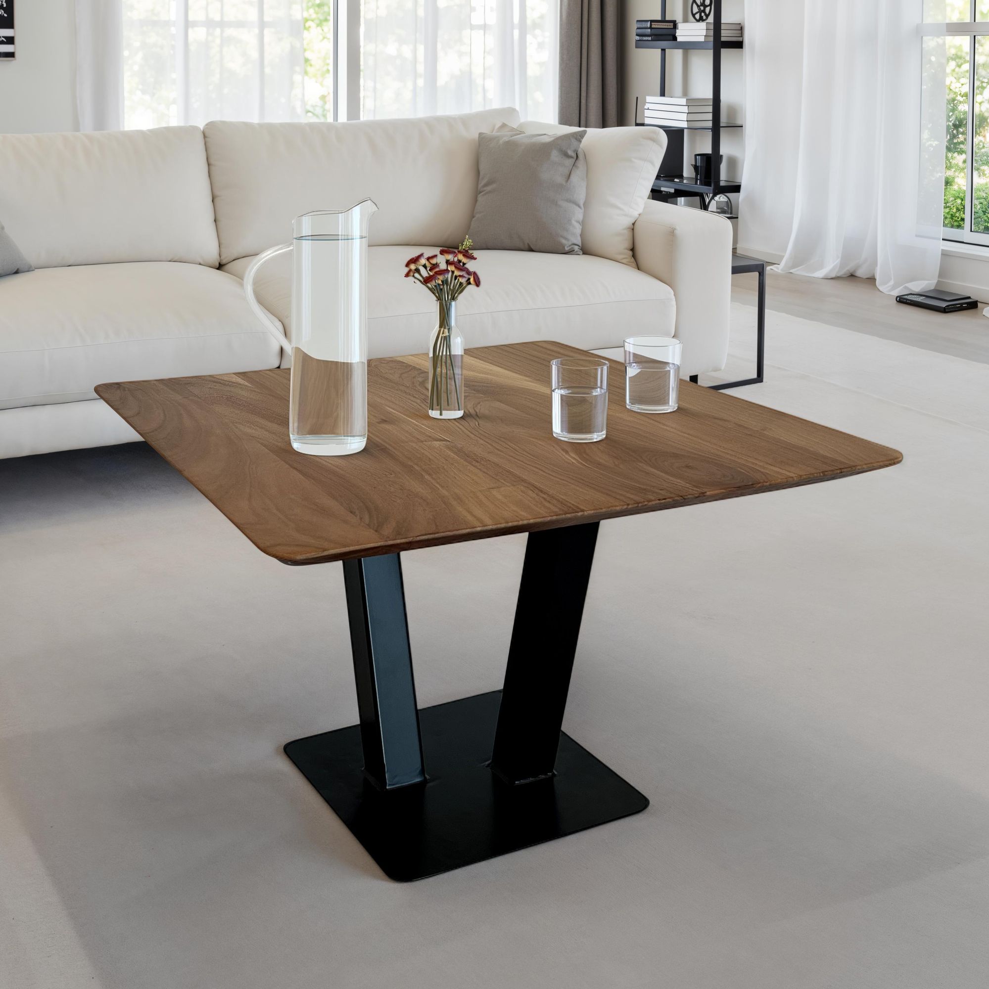 FineBuy Couchtisch quadratisch 60x60 cm Akazie Massivholz · Moderner Industrial Wohnzimmertisch mit Metallgestell · Handgefertigt · Natürlich & stabil