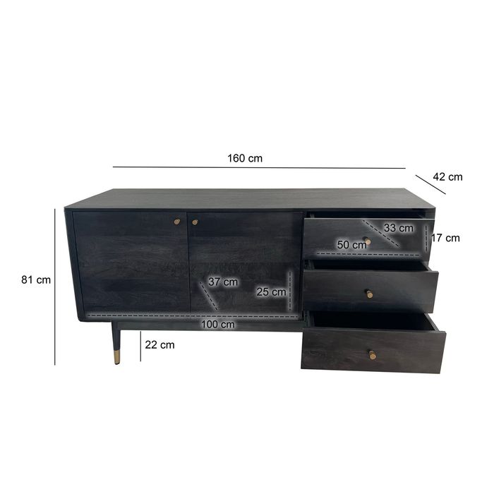 Sideboard FineBuy Anrichte 160 cm Massivholz Schwarz Kommode Türen Schubladen – Maßzeichnung