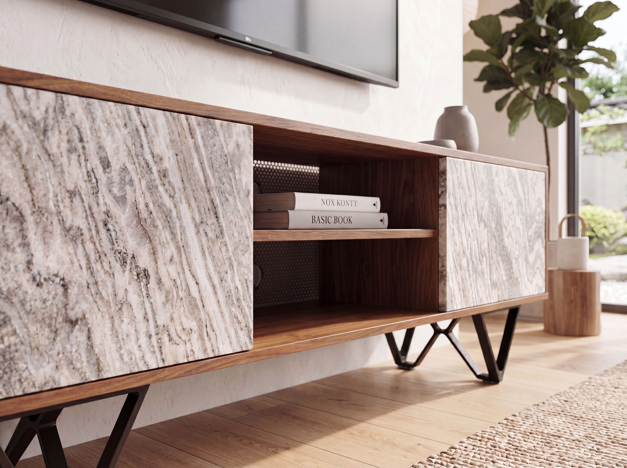 TV Schrank FineBuy Lowboard 150 cm Holz Massiv Fernsehkommode Fernsehschrank – Ansicht 4