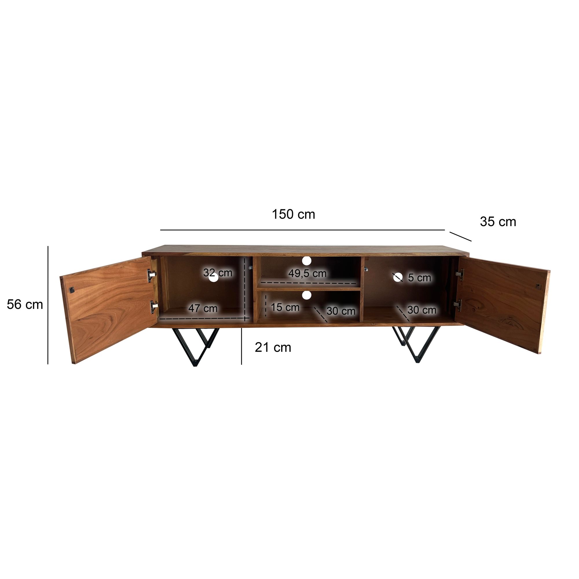 TV Schrank FineBuy Lowboard 150 cm Holz Massiv Fernsehkommode Fernsehschrank – Ansicht 3