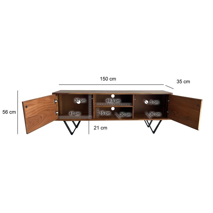 TV Schrank FineBuy Lowboard 150 cm Holz Massiv Fernsehkommode Fernsehschrank – Maßzeichnung