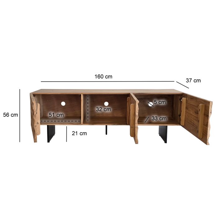 TV Schrank FineBuy Lowboard 160 cm Holz Massiv Fernsehkommode Fernsehschrank – Maßzeichnung