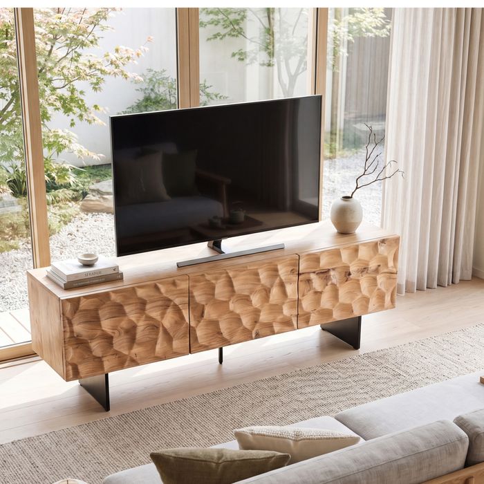FineBuy Lowboard Akazie Massivholz 160x56x37 cm TV-Kommode mit drei Türen, Design TV-Schrank 3D-Optik Hoch, Fernsehtisch Fernsehschrank Modern, Fernsehkommode Wohnzimmer mit Metallbeine