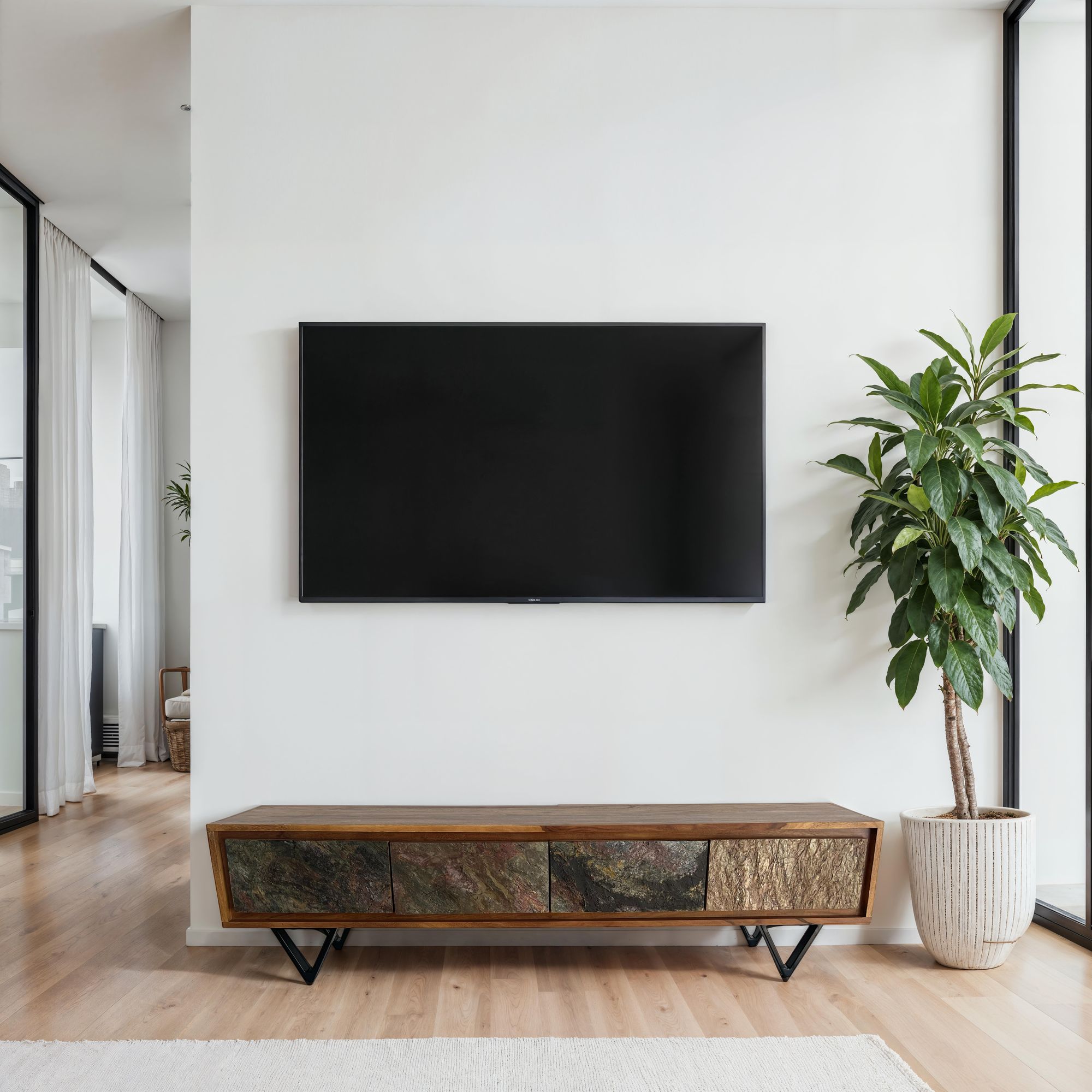 Lowboard FineBuy Sheesham Massivholz 160 cm TV Board Stein Optik Industrial – Ansicht 4