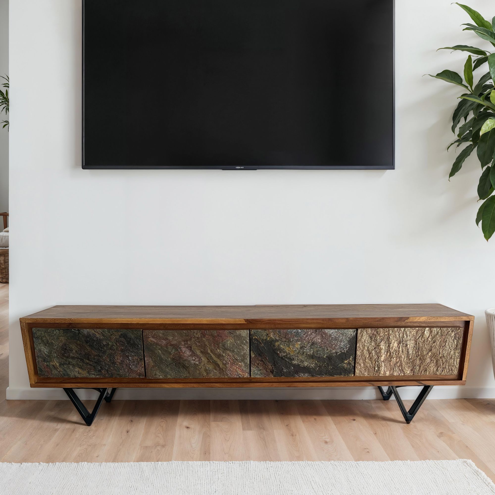 Lowboard FineBuy Sheesham Massivholz 160 cm TV Board Stein Optik Industrial – Ansicht 1