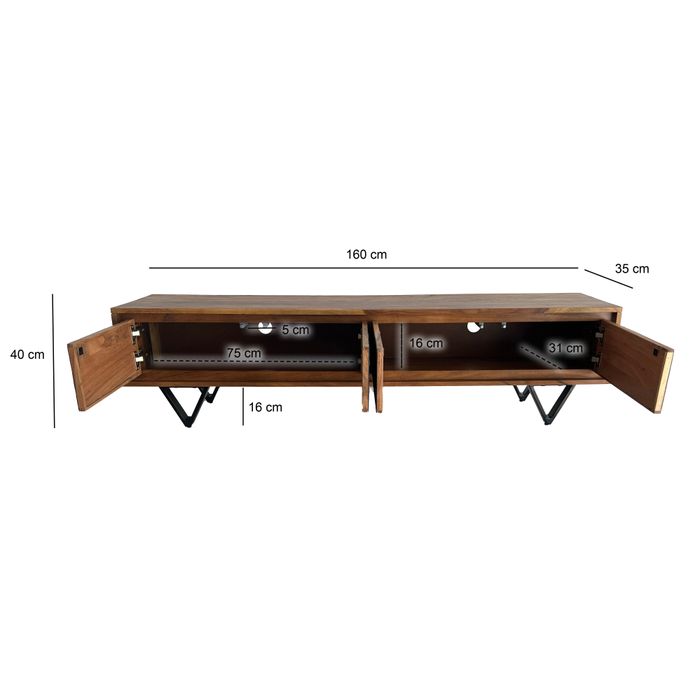 Lowboard FineBuy Sheesham Massivholz 160 cm TV Board Stein Optik Industrial – Maßzeichnung