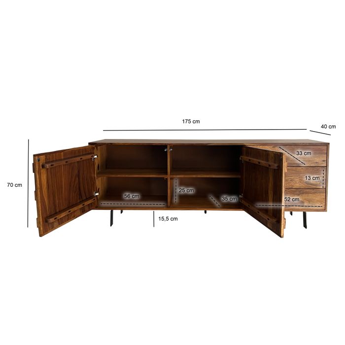 Sideboard FineBuy Kommode Sheesham Massivholz 175 cm Anrichte Loft Industrial – Maßzeichnung