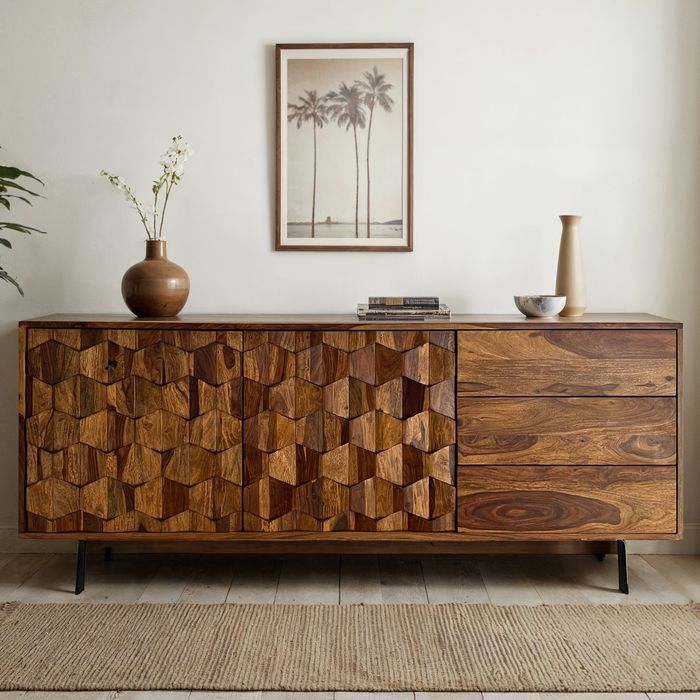 FineBuy Sideboard Sheesham Massivholz 175 cm – Kommode mit Türen & Schubladen – Anrichte im Loft Industrial Design mit schwarzem Metallgestell – Wohnzimmer & Esszimmer Stauraum