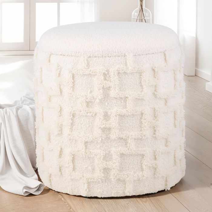 FineBuy Sitzhocker mit Stauraum 45x40 cm, Runder Polsterhocker mit weichem Strukturstoff & Deckel, Moderner Aufbewahrungshocker in Creme, Bequemer Hocker für Wohnzimmer, Schlafzimmer & Flur