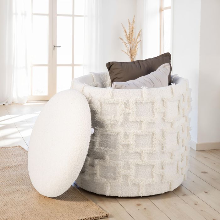 Hocker FineBuy Sitzhocker mit Stauraum Stoff Creme Ottoman Rund 40 cm Modern