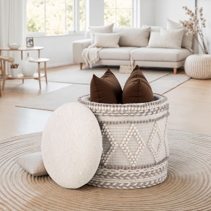 FineBuy Sitzhocker mit Stauraum – Ø 40 x H 45 cm – runder Aufbewahrungshocker aus Stoff mit Boho Design – gepolsterter Fußhocker, Beistellhocker, ideal für Wohnzimmer & Schlafzimmer