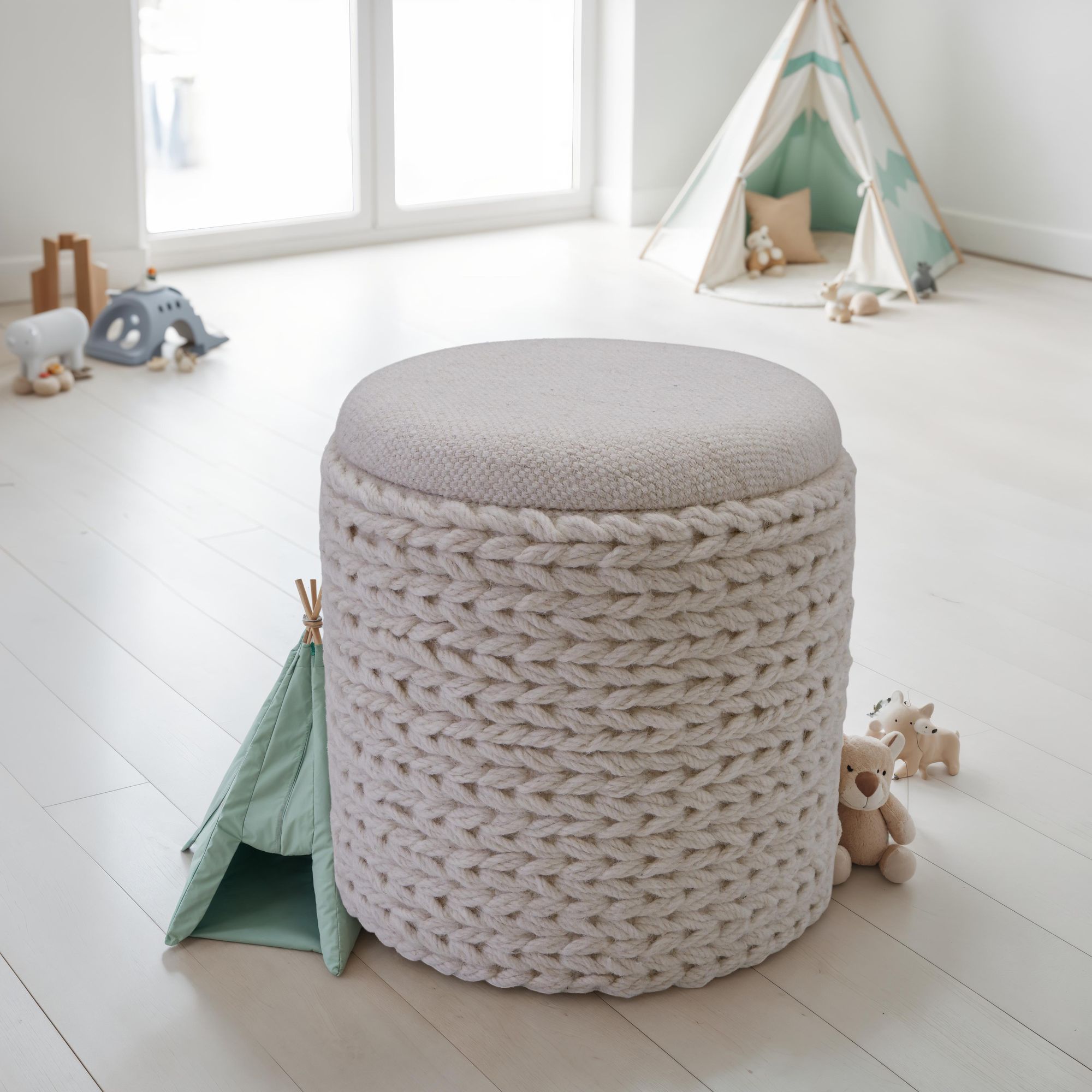 Sitzhocker FineBuy Hocker mit Stauraum Wolle rund 40x40x45 cm Creme Weiß Boho – Ansicht 4