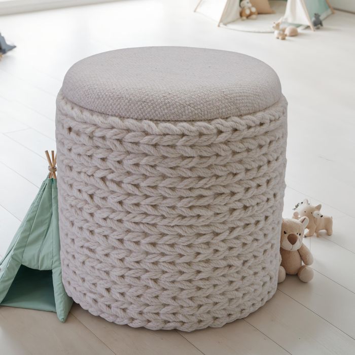 FineBuy Sitzhocker mit Stauraum aus Wolle rund 40x40x45 cm, Hocker mit abnehmbarem Deckel, Beistellhocker handgefertigt im Boho Stil, Creme Weiß