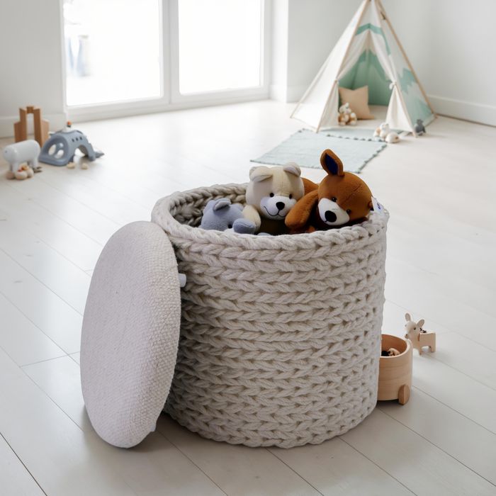Sitzhocker FineBuy Hocker mit Stauraum Wolle rund 40x40x45 cm Creme Weiß Boho