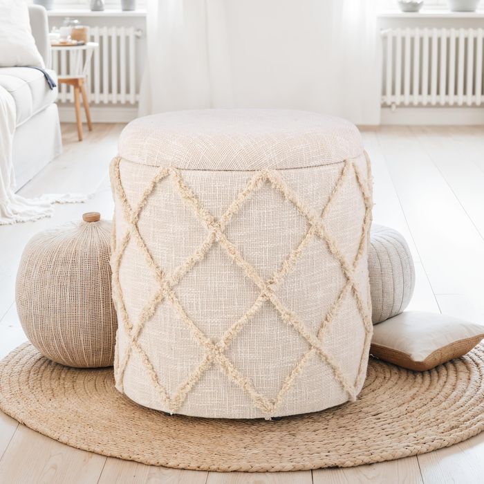 FineBuy Sitzhocker mit Stauraum rund 40x40x45 cm, Polsterhocker Creme Baumwolle Boho Design, Hocker mit abnehmbarem Deckel & Staufach, Stoff Dekohocker für Wohnzimmer, Schlafzimmer & Flur