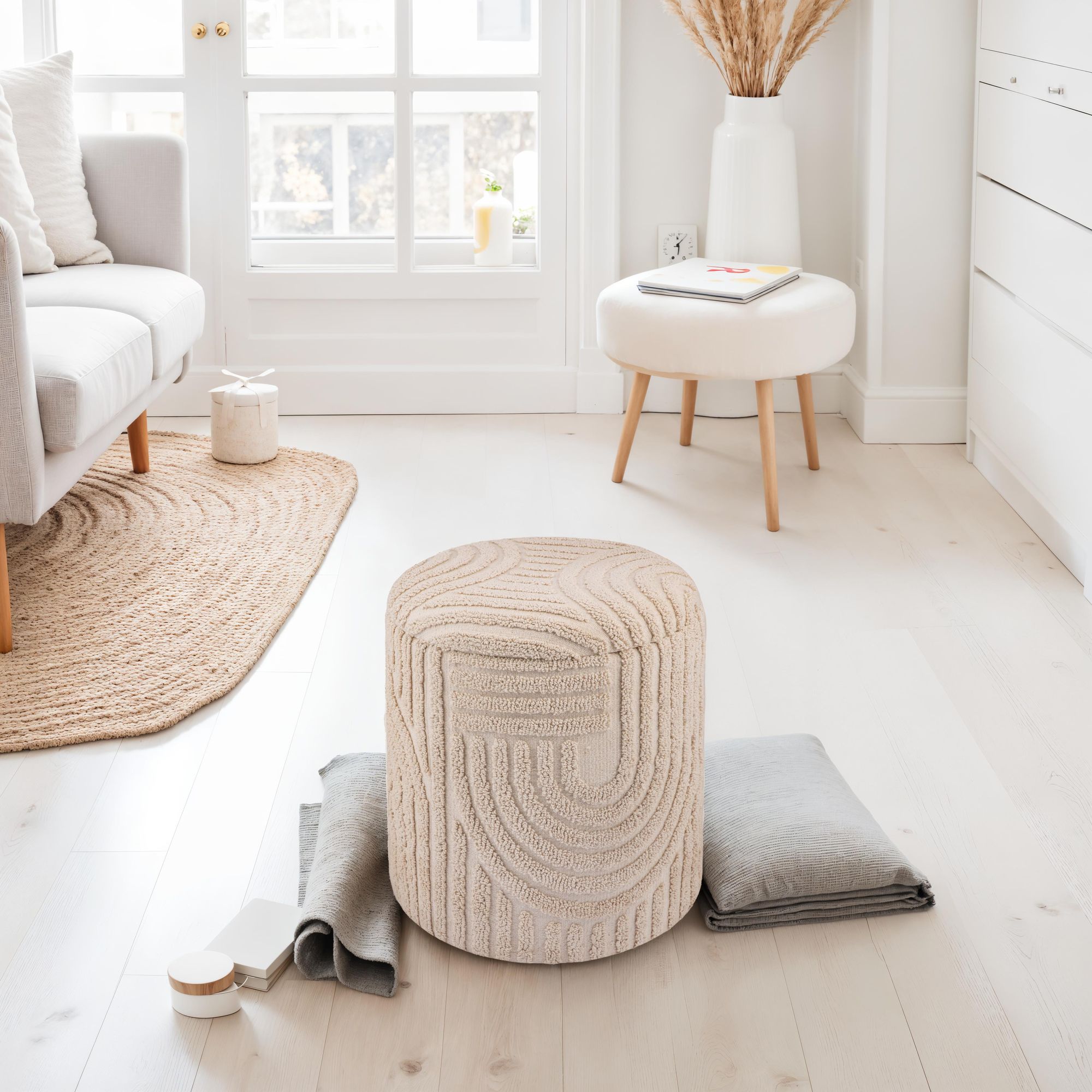 Dekohocker FineBuy Sitzhocker mit Stauraum Baumwolle rund 40x45 cm Beige Boho – Ansicht 4