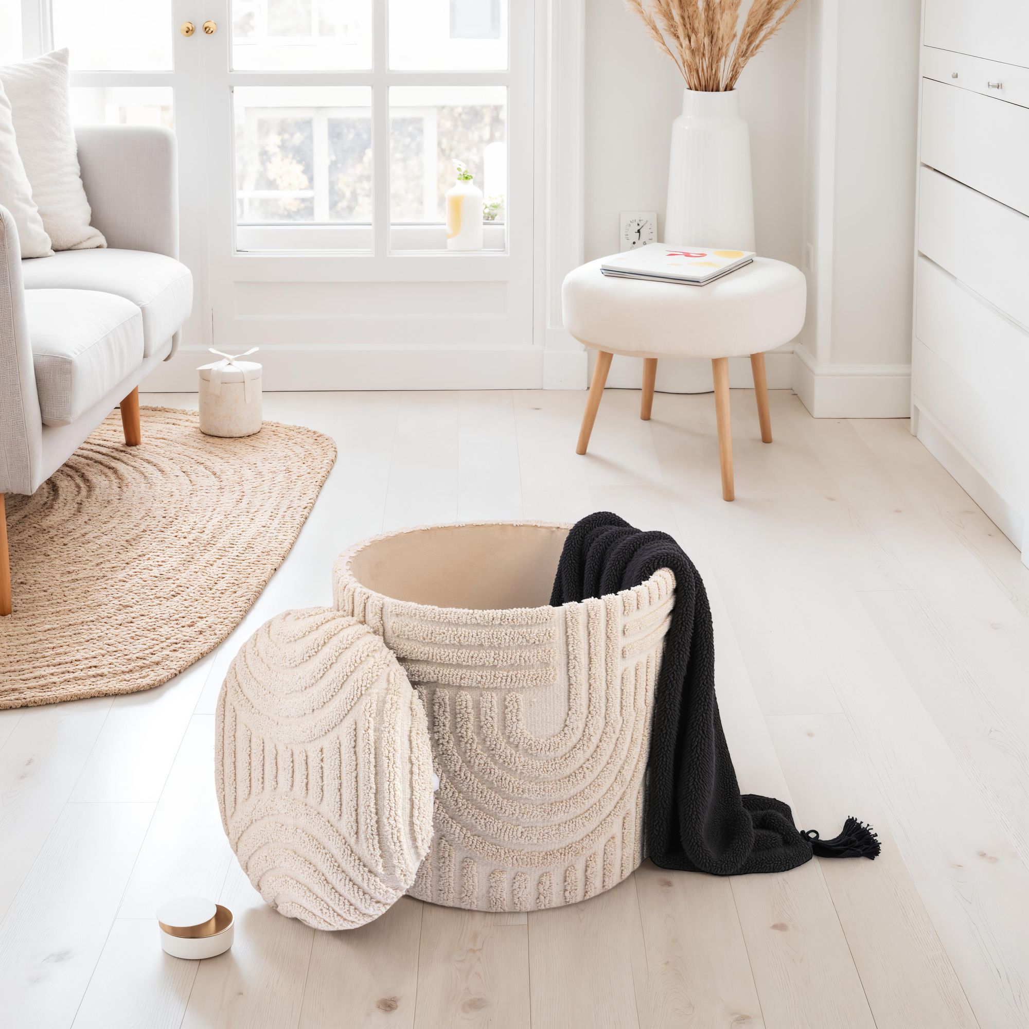 Dekohocker FineBuy Sitzhocker mit Stauraum Baumwolle rund 40x45 cm Beige Boho – Ansicht 2