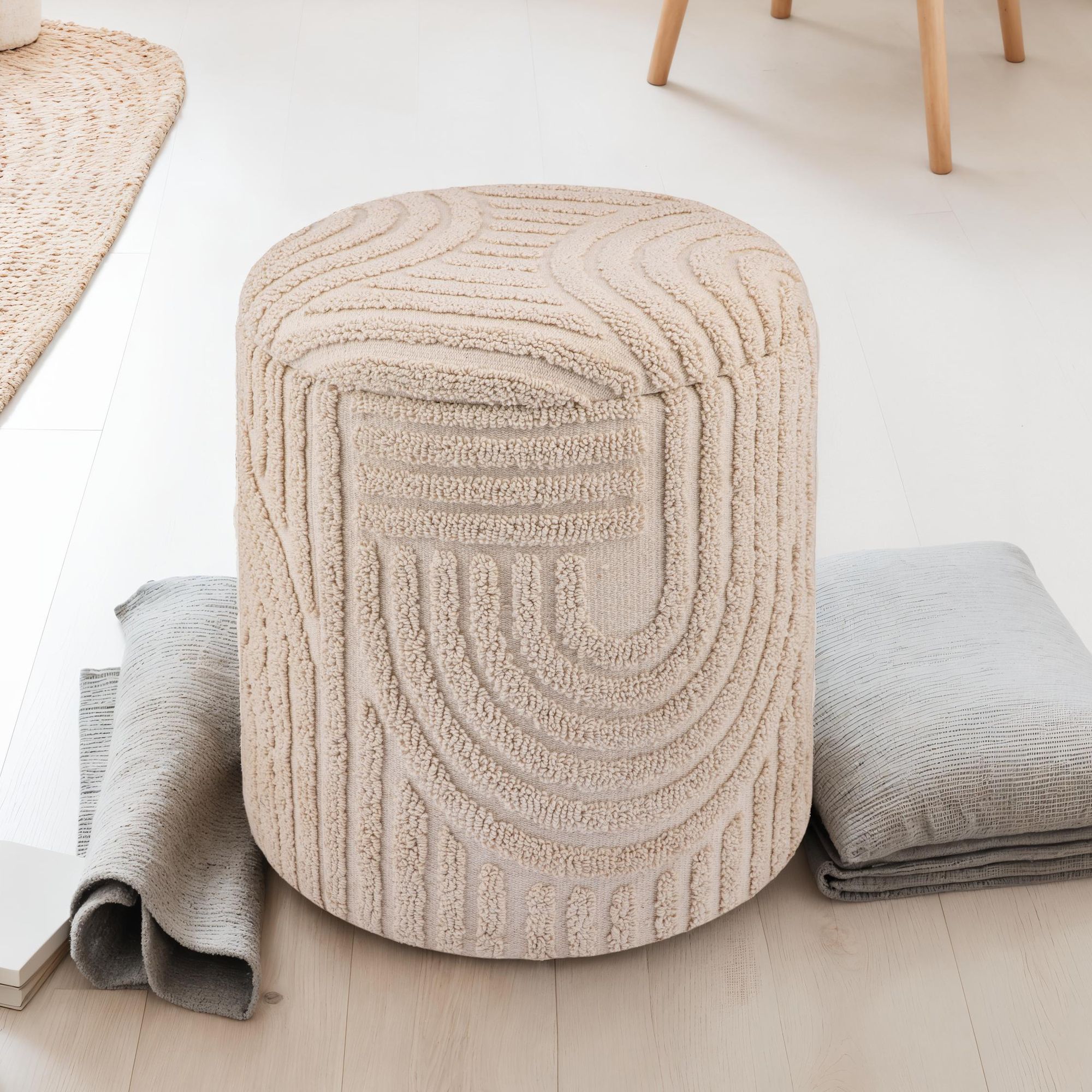 Dekohocker FineBuy Sitzhocker mit Stauraum Baumwolle rund 40x45 cm Beige Boho – Ansicht 1