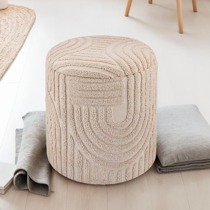 FineBuy Dekohocker mit Stauraum aus Baumwolle rund Ø40×45 cm, Sitzhocker mit abnehmbarem Deckel, Beistellhocker Beige, Polsterhocker Boho Design für Wohnzimmer & Schlafzimmer