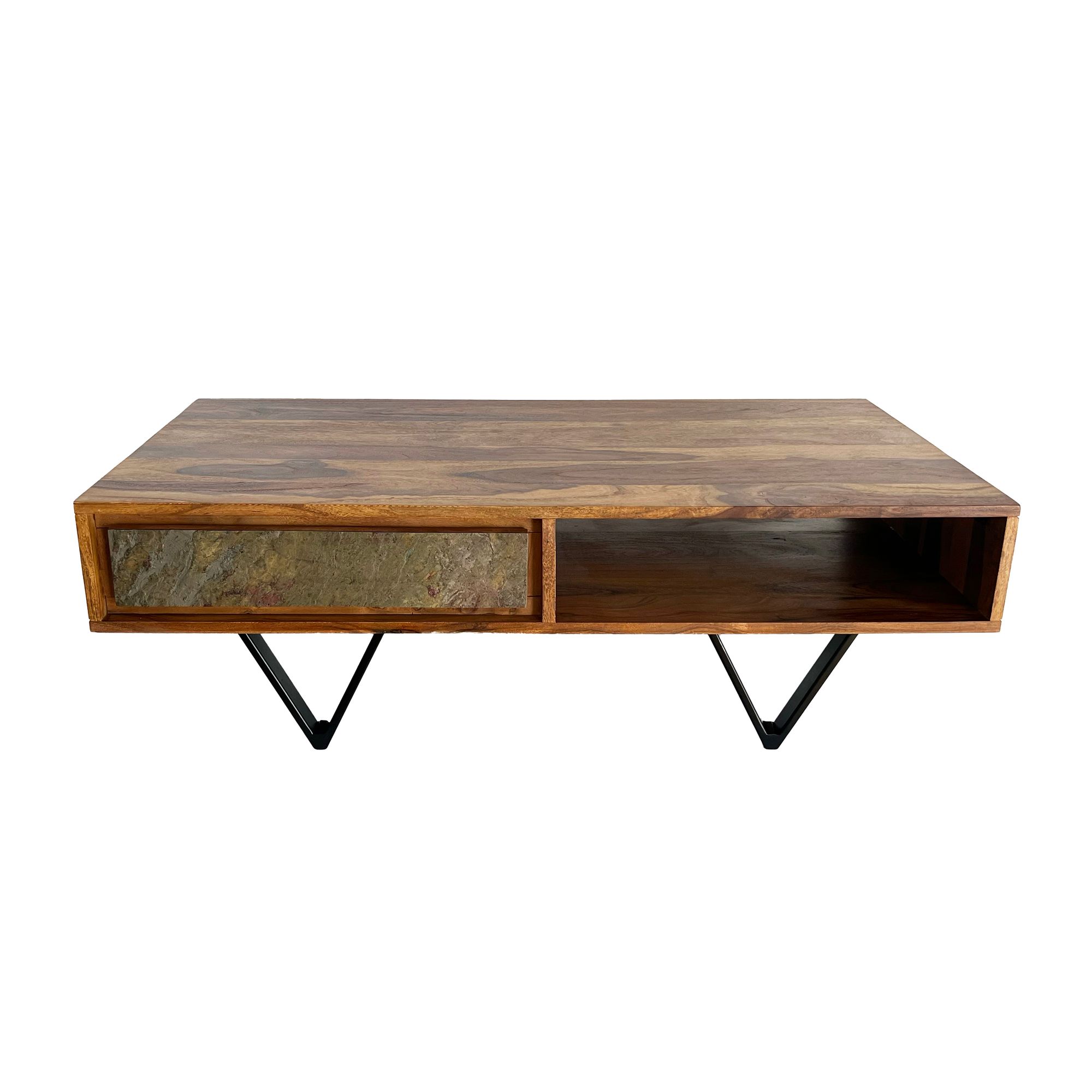 FineBuy Couchtisch rechteckig Sheesham Massivholz 115 cm, Wohnzimmertisch mit 2 Schubladen & Ablagefach, Steinoptik Front, Metallgestell Schwarz | Farbe: Braun FineBuy Couchtisch rechteckig Sheesham Massivholz 115 cm, Wohnzimmertisch mit 2 Schubladen & Ablagefach, Steinoptik Front, Metallgestell Schwarz | Farbe: Braun