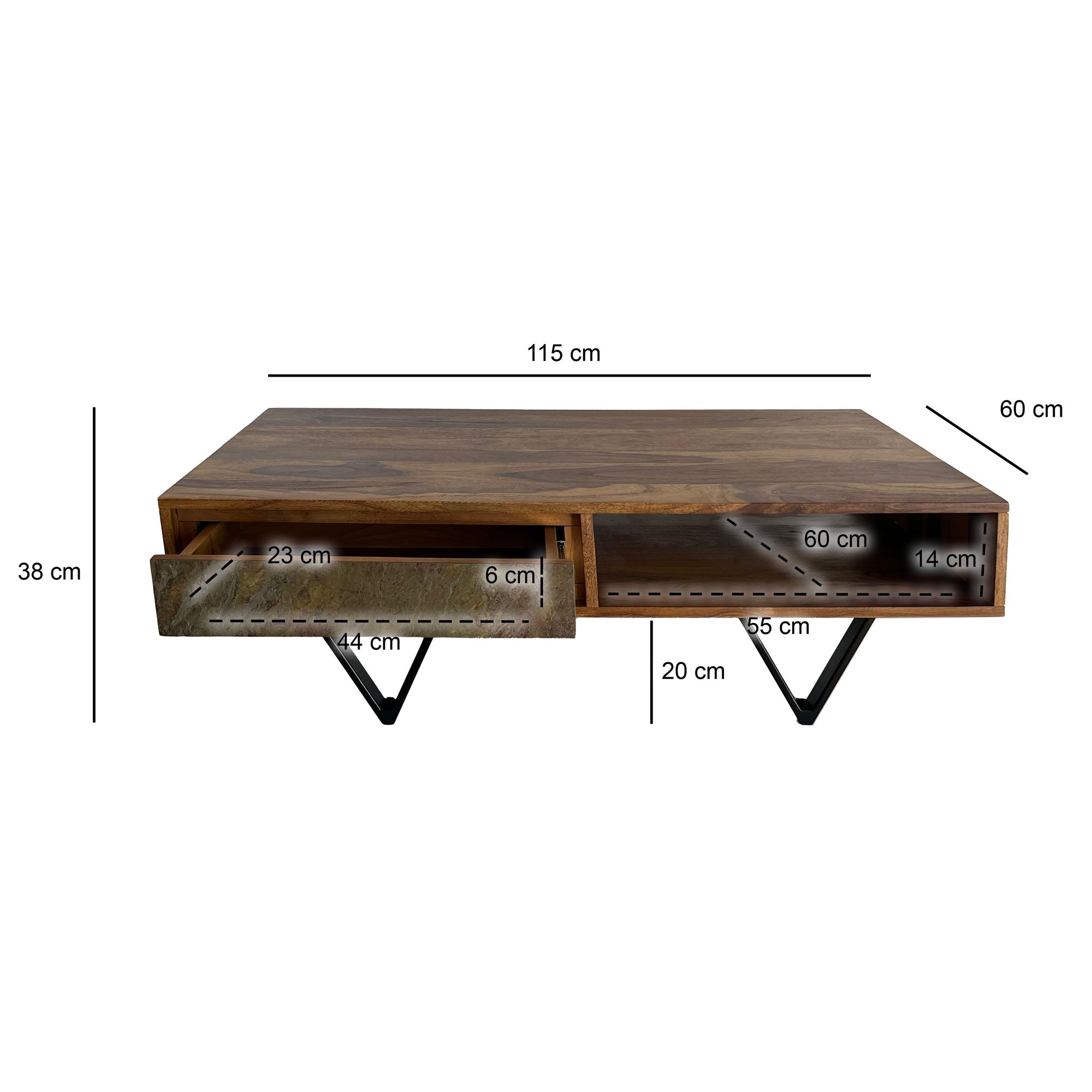 FineBuy Couchtisch rechteckig 115cm Sheesham Massivholz Wohnzimmertisch 2 Schübe – Ansicht 3