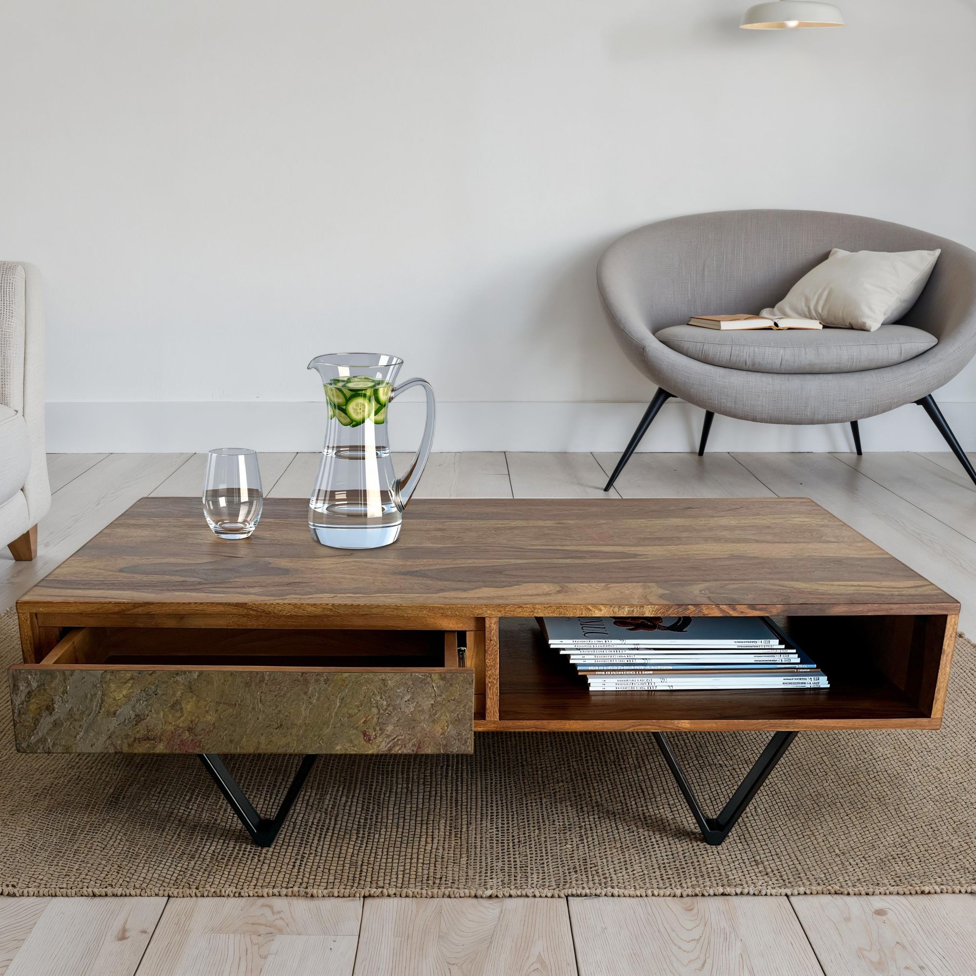 FineBuy Couchtisch rechteckig 115cm Sheesham Massivholz Wohnzimmertisch 2 Schübe – Ansicht 1