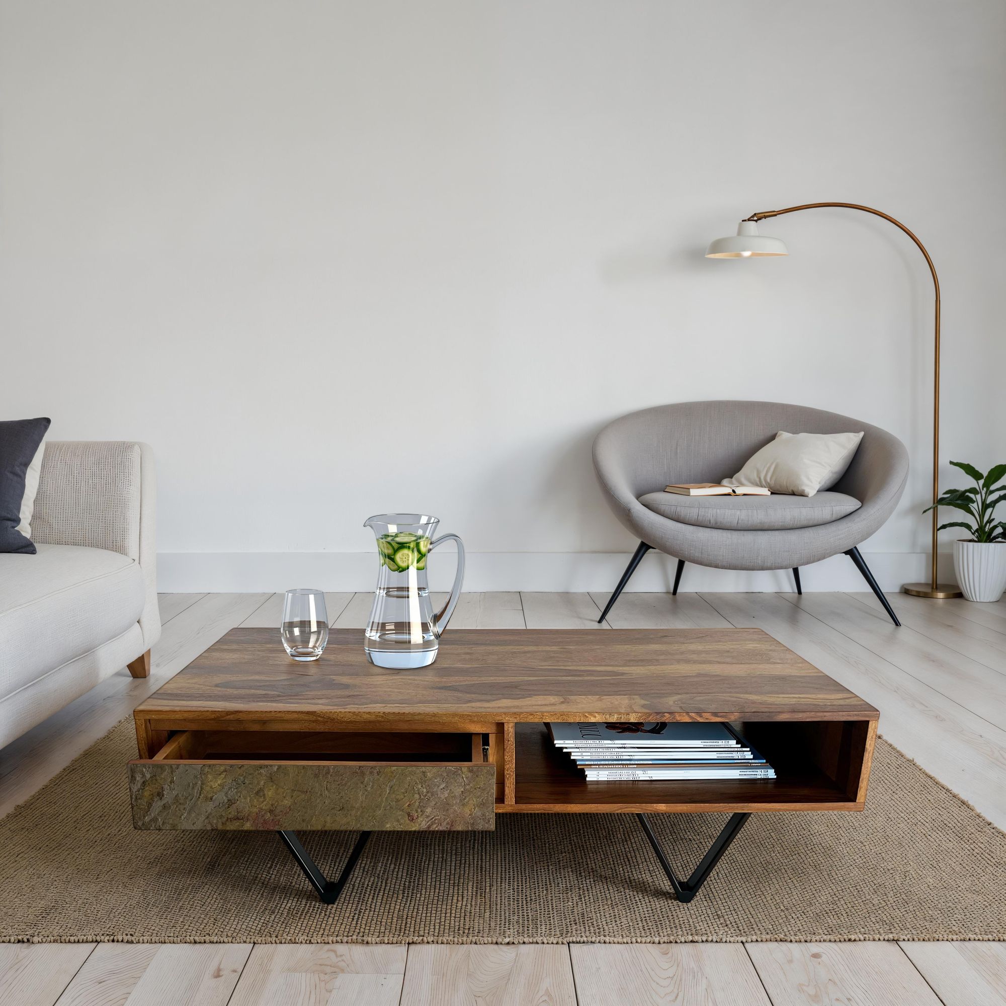 FineBuy Couchtisch rechteckig 115cm Sheesham Massivholz Wohnzimmertisch 2 Schübe – Ansicht 2