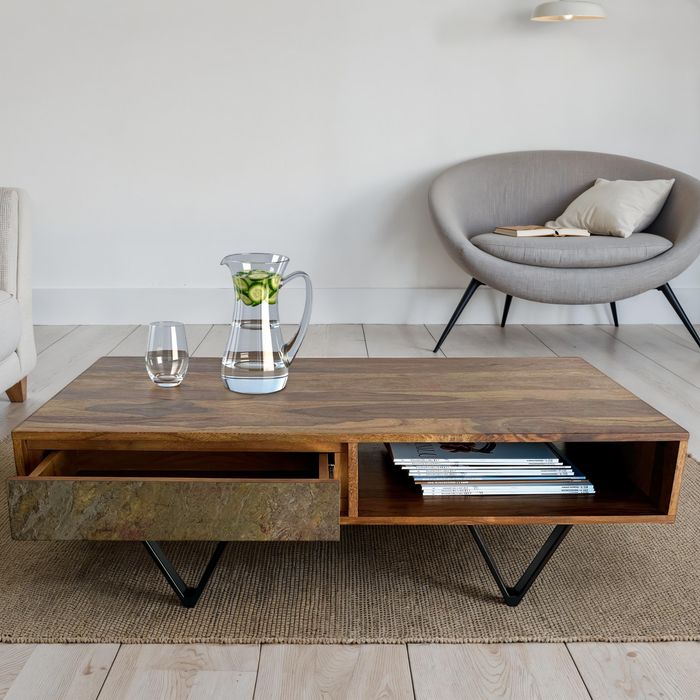 FineBuy Couchtisch rechteckig 115cm Sheesham Massivholz Wohnzimmertisch 2 Schübe