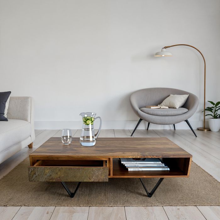 FineBuy Couchtisch Sheesham Massivholz 115 cm, Sofatisch mit 2 Schubladen & Ablagefach, Steinoptik Front, Metallgestell Schwarz, Industrial Design