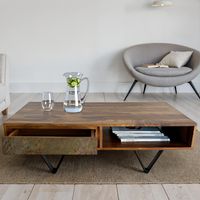 FineBuy Couchtisch rechteckig 115cm Sheesham Massivholz Wohnzimmertisch 2 Schübe – Ansicht 1