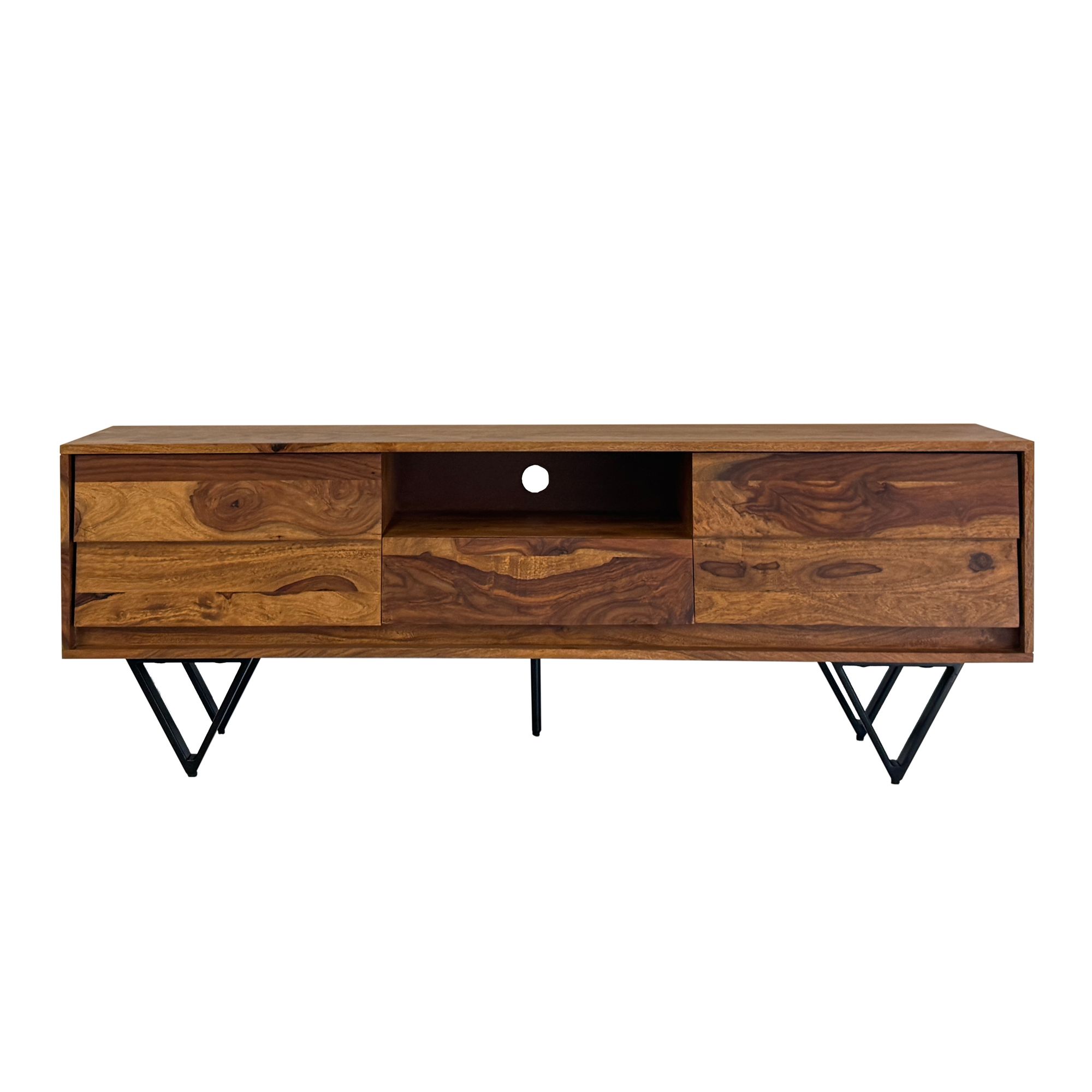 TV Lowboard FineBuy Sheesham Massivholz 160 cm Türen Schublade Fach Metallfüße – Ansicht 6