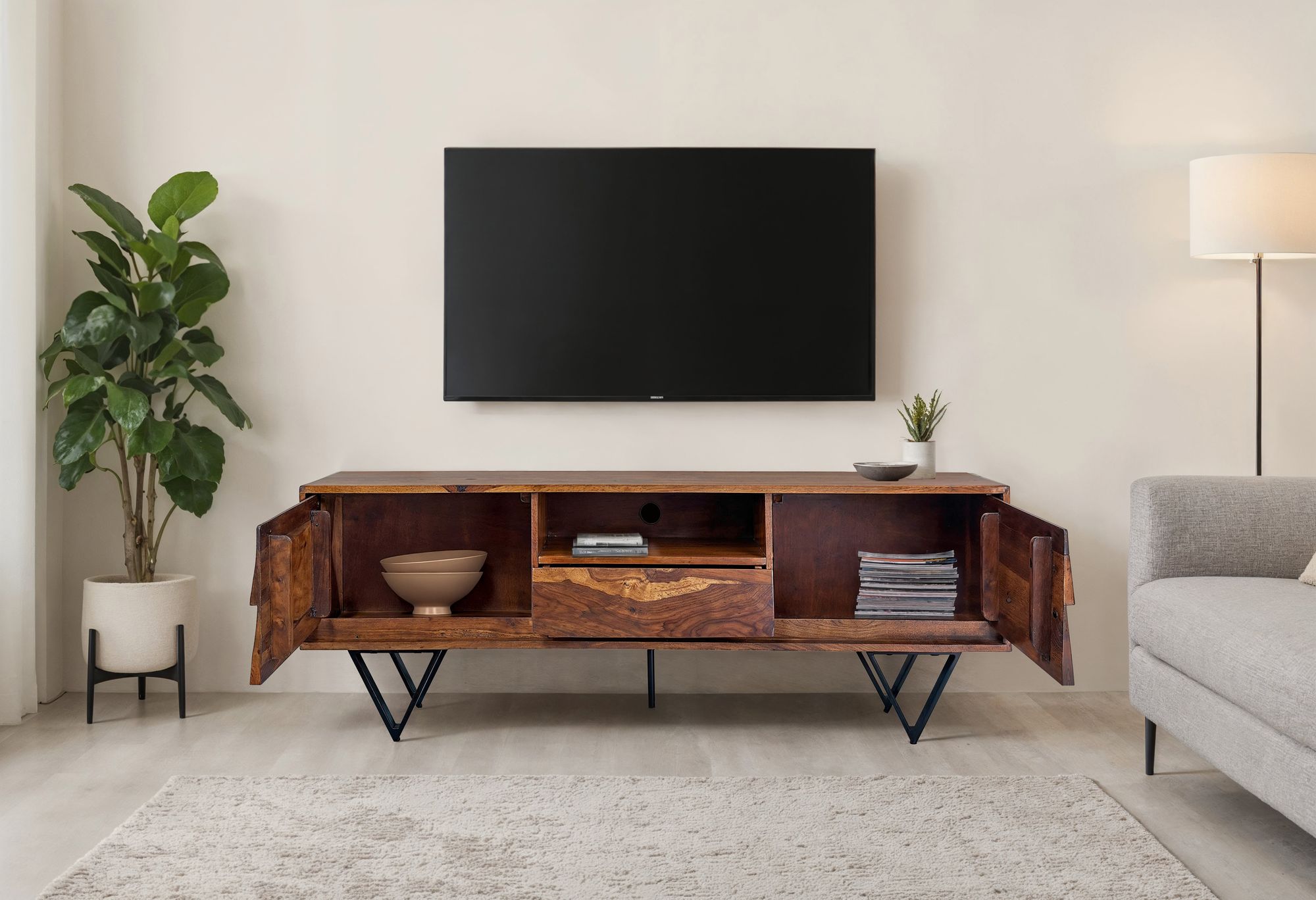 TV Lowboard FineBuy Sheesham Massivholz 160 cm Türen Schublade Fach Metallfüße – Ansicht 2
