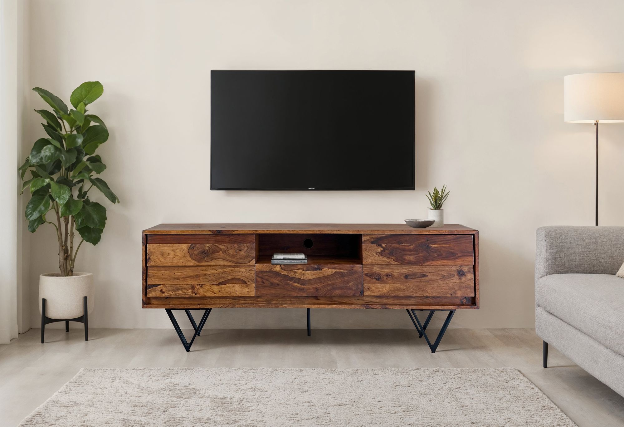TV Lowboard FineBuy Sheesham Massivholz 160 cm Türen Schublade Fach Metallfüße – Ansicht 4