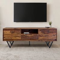 TV Lowboard FineBuy Sheesham Massivholz 160 cm Türen Schublade Fach Metallfüße – Ansicht 1