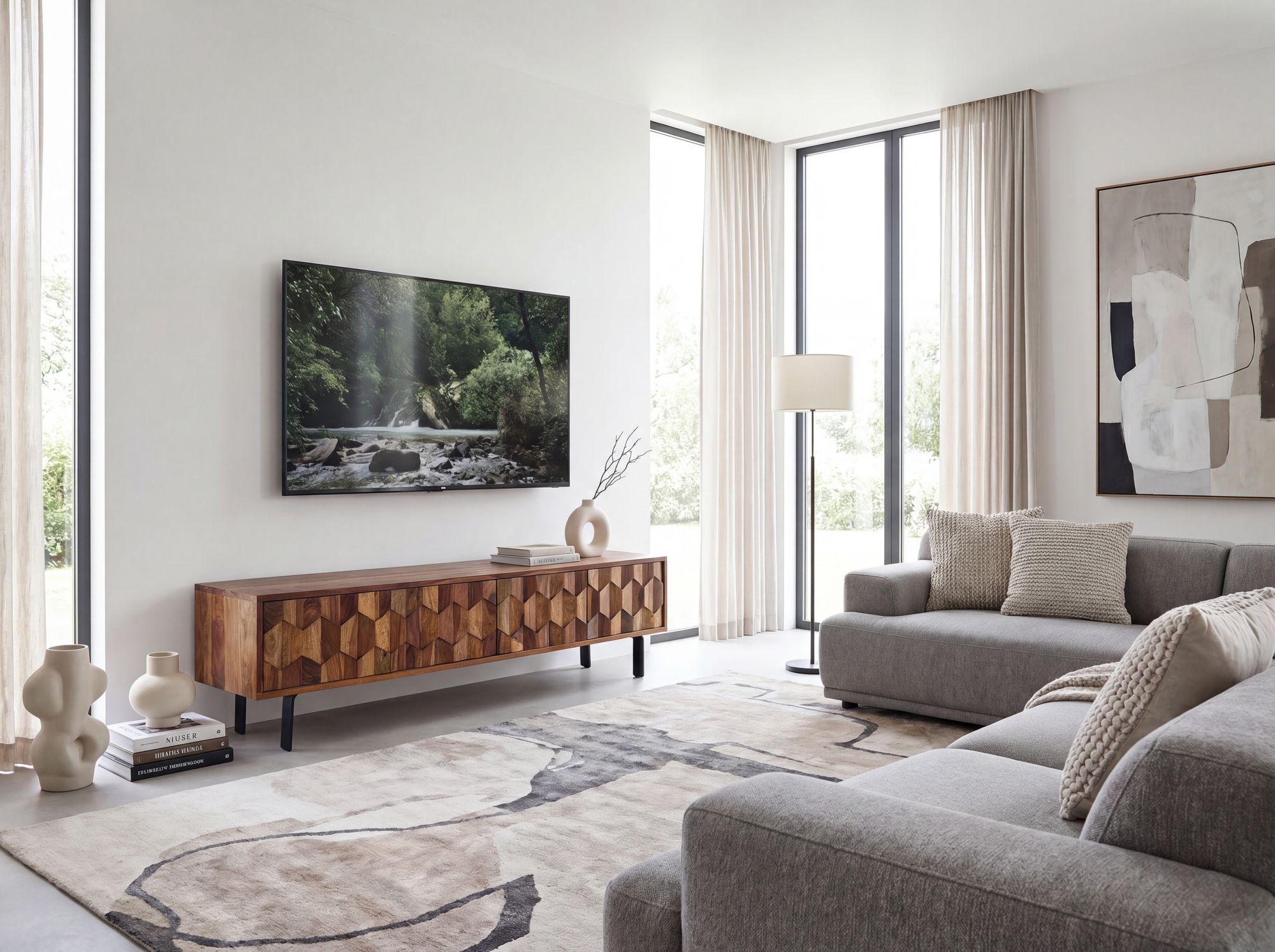 Lowboard FineBuy TV Board Sheesham Massivholz 160 cm 3D Fronten & Metallbeine – Ansicht 5
