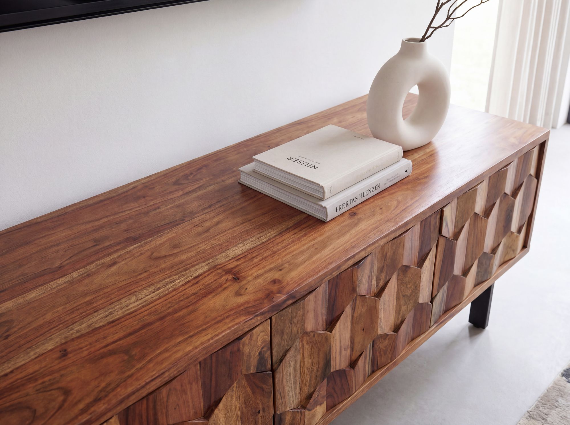 Lowboard FineBuy TV Board Sheesham Massivholz 160 cm 3D Fronten & Metallbeine – Ansicht 4