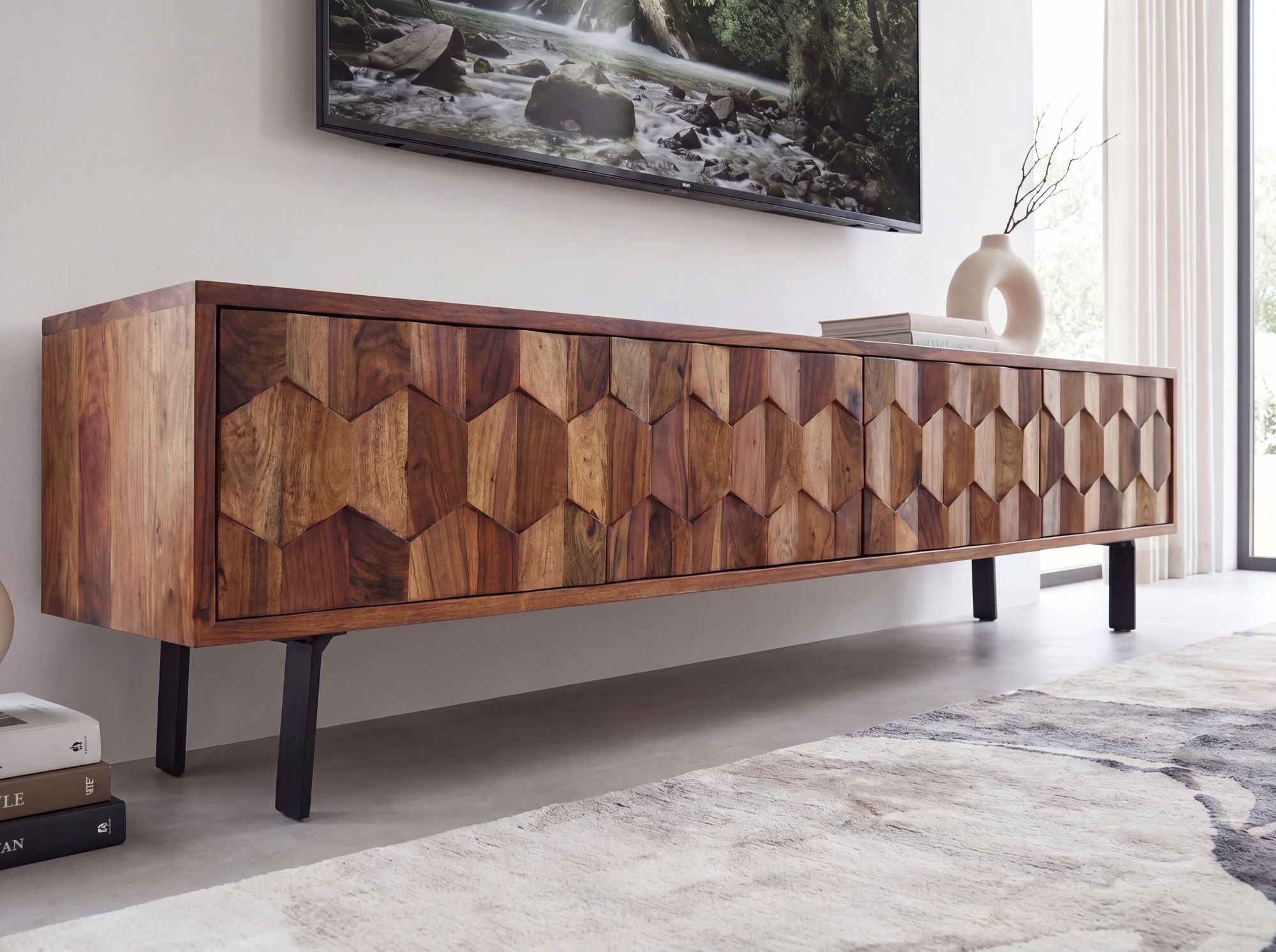Lowboard FineBuy TV Board Sheesham Massivholz 160 cm 3D Fronten & Metallbeine – Ansicht 7