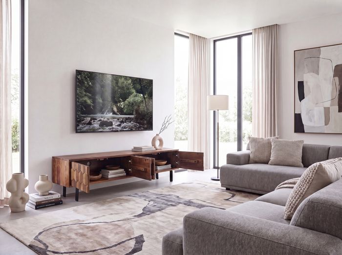 FineBuy Lowboard Sheesham Massivholz 160 cm, TV-Board mit 3D Fronten, 4 Türen, Kabeldurchlass & Metallbeinen Schwarz, Designer TV-Schrank für Wohnzimmer