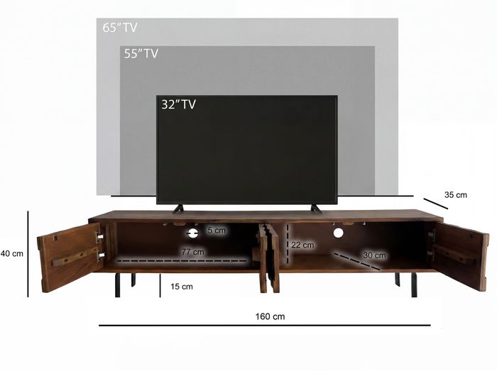 Lowboard FineBuy TV Board Sheesham Massivholz 160 cm 3D Fronten & Metallbeine – Maßzeichnung