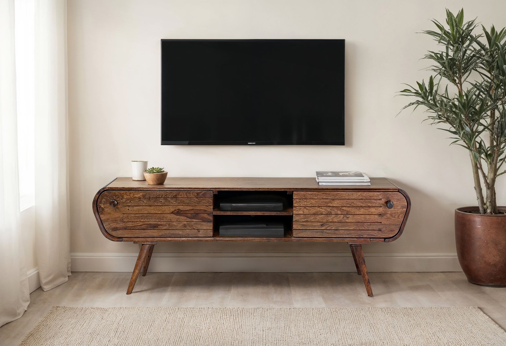 Lowboard FineBuy TV Board Sheesham Massivholz 160 cm Retro Schubladen Fächer – Ansicht 4
