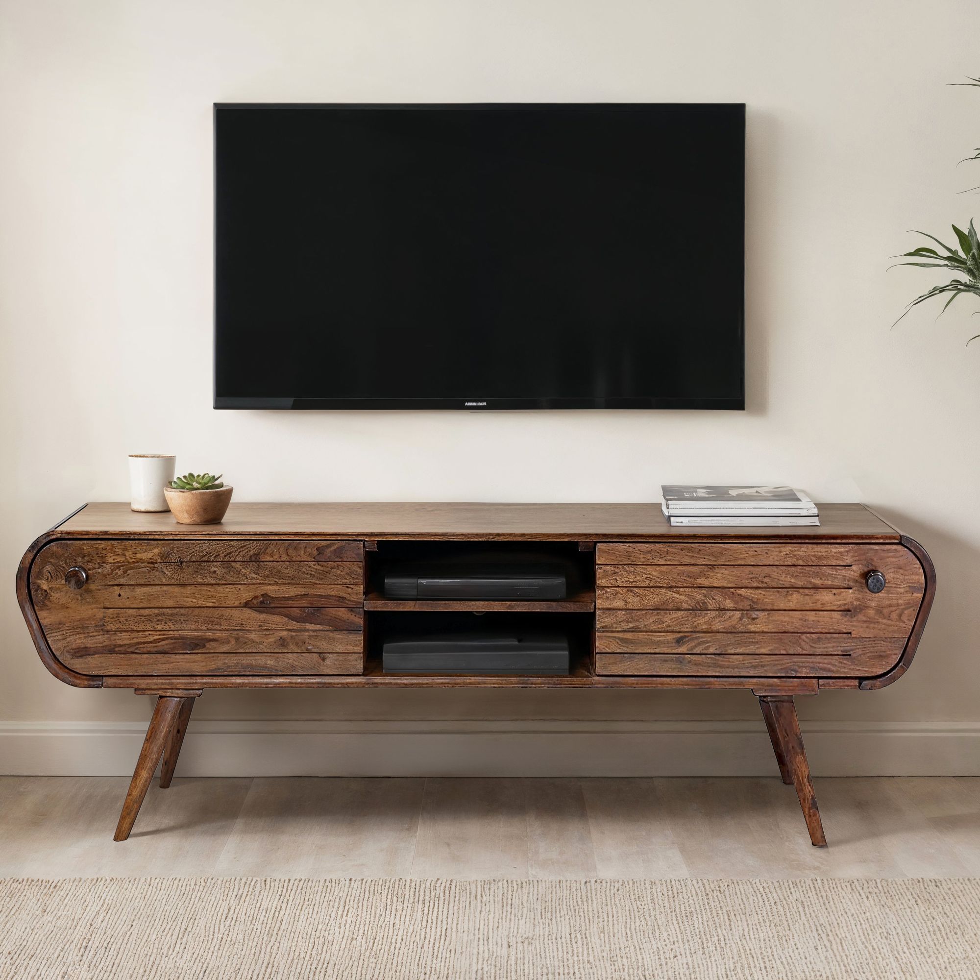 Lowboard FineBuy TV Board Sheesham Massivholz 160 cm Retro Schubladen Fächer – Ansicht 1