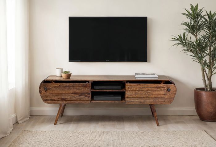 FineBuy Lowboard Sheesham Massivholz 160 cm, TV Board mit 2 Schubladen & offenen Fächern, Retro Fernsehtisch Holz, Wohnzimmer Möbel Skandi Vintage Design, TV Möbel massiv