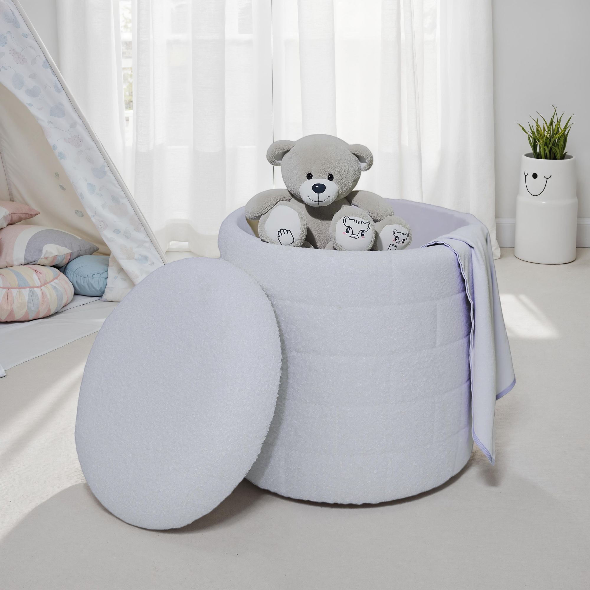 Sitzhocker FineBuy Stoffhocker mit Stauraum 40 cm Weiß rund abnehmbarer Deckel – Ansicht 1