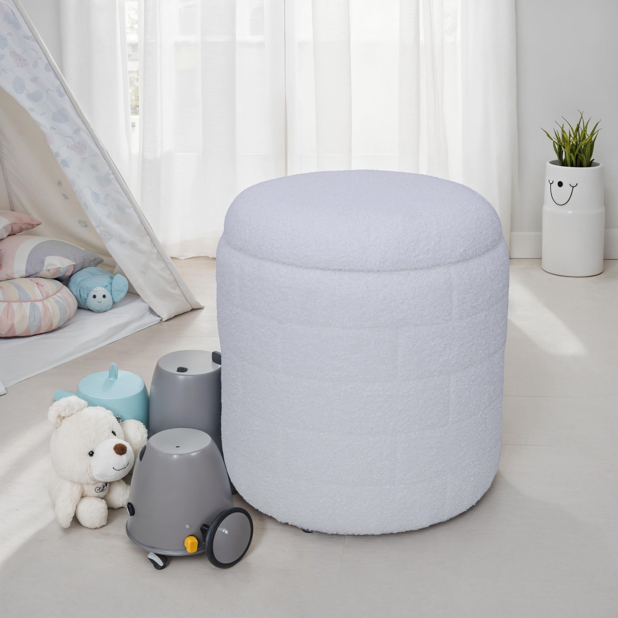 Sitzhocker FineBuy Stoffhocker mit Stauraum 40 cm Weiß rund abnehmbarer Deckel – Ansicht 4