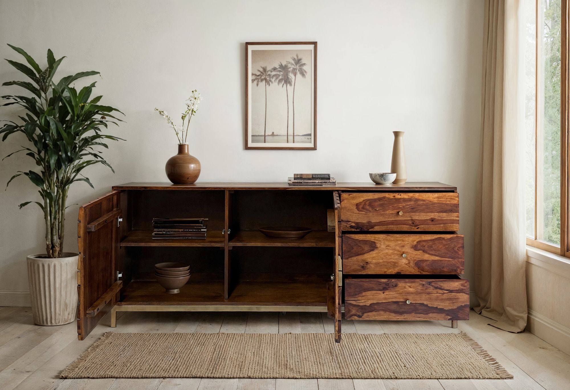 Sideboard FineBuy Anrichte Sheesham Massivholz 180 cm Kommode Türen Schubladen – Ansicht 2