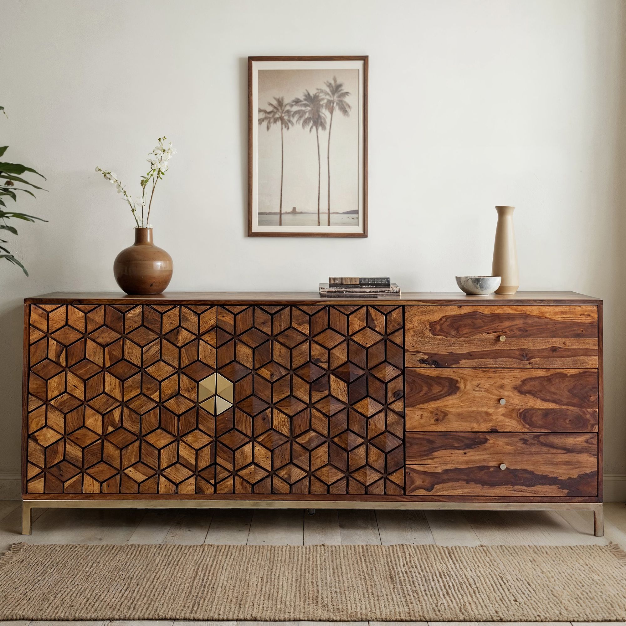 Sideboard FineBuy Anrichte Sheesham Massivholz 180 cm Kommode Türen Schubladen – Ansicht 1