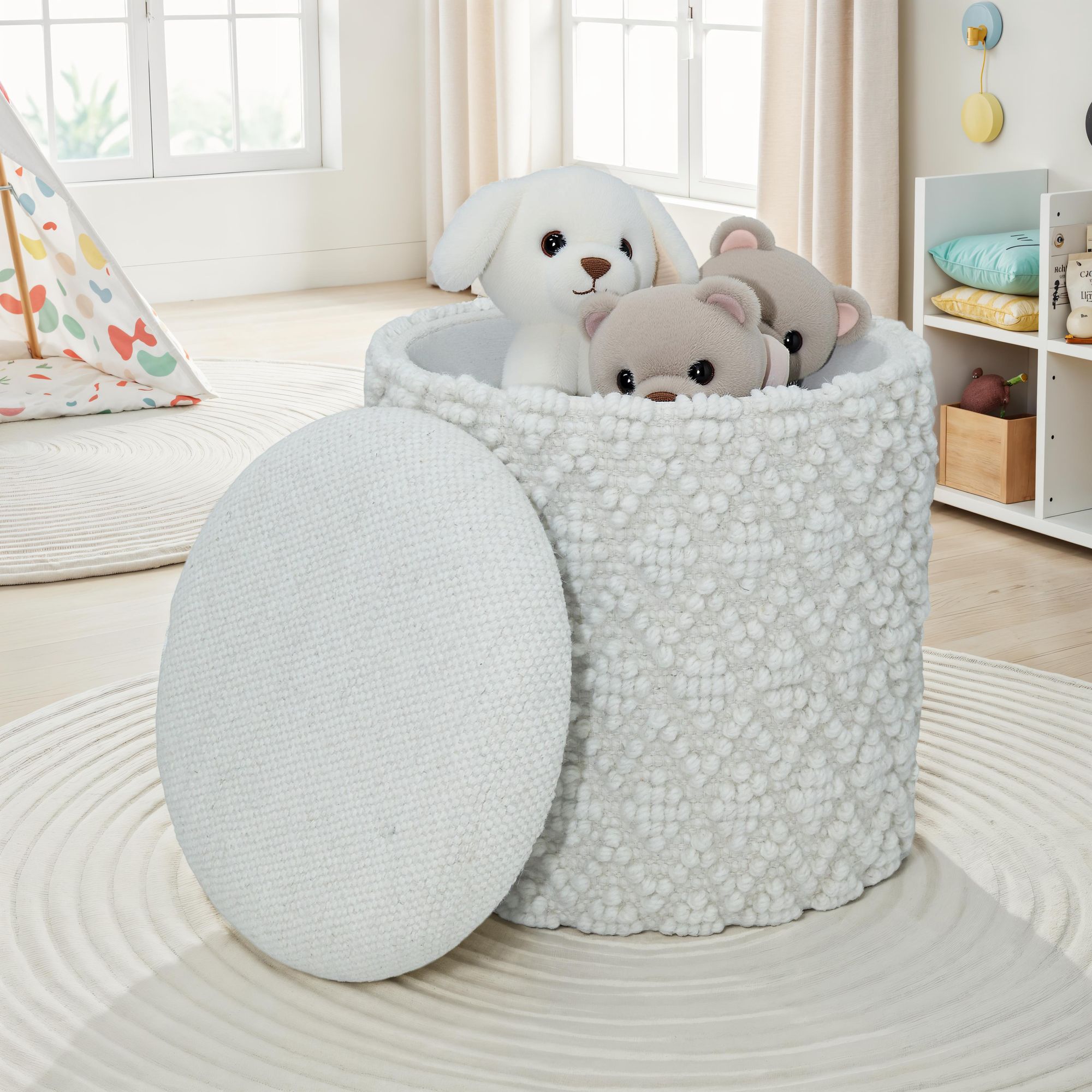 Sitzhocker FineBuy Runder Hocker mit Stauraum Wolle Ø 40 cm Weiß Beistellhocker – Ansicht 1
