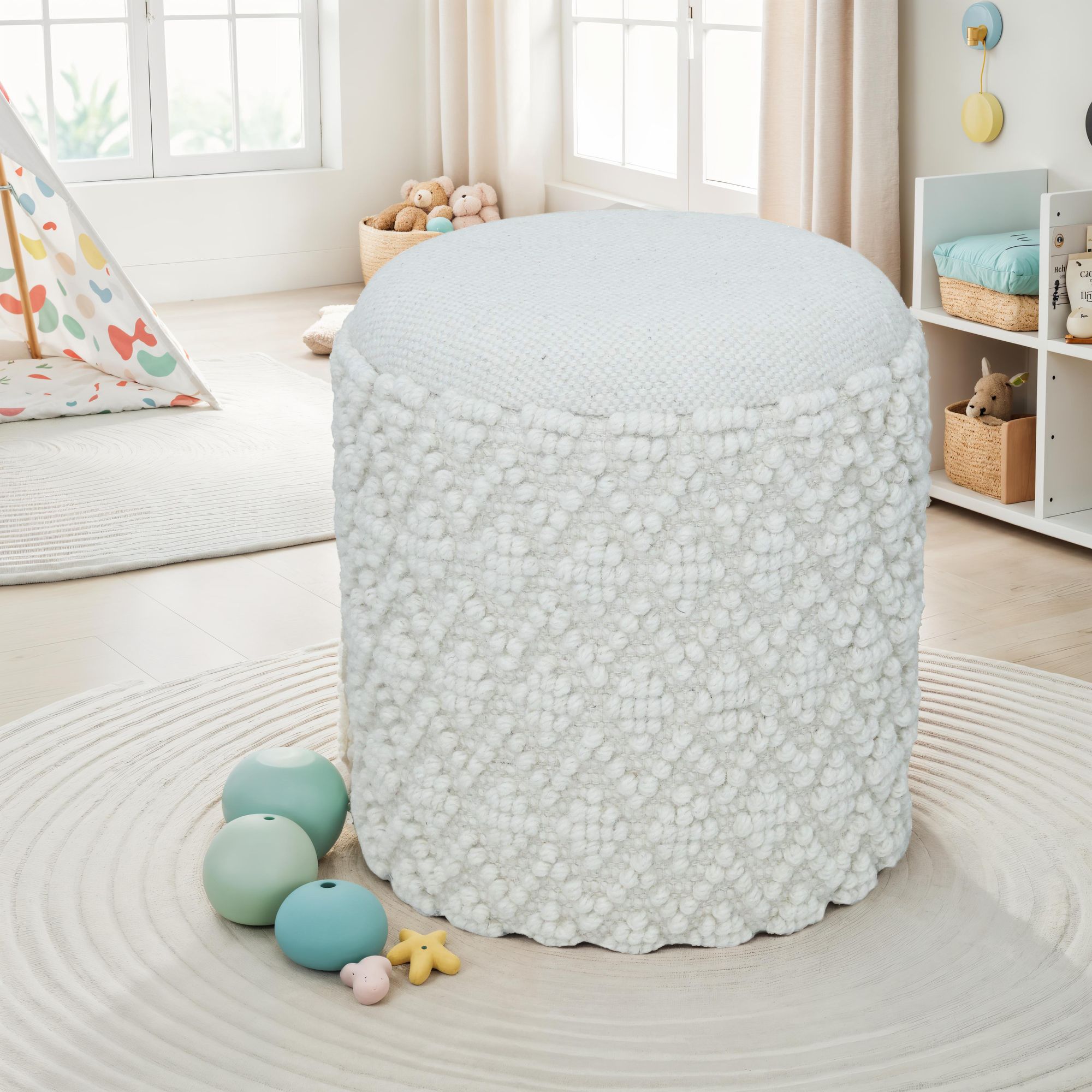 Sitzhocker FineBuy Runder Hocker mit Stauraum Wolle Ø 40 cm Weiß Beistellhocker – Ansicht 2